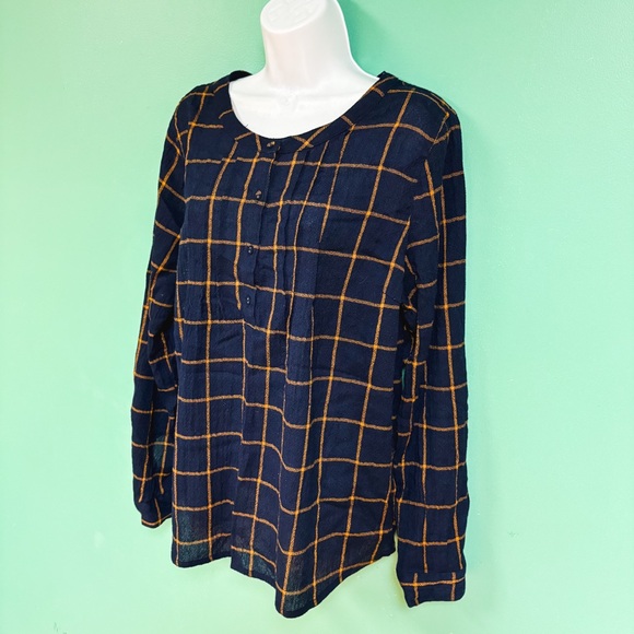 Skies Are Blue Navy Blue & Gold Plaid Erina Henley Top Womens XL - Picture 4 of 8